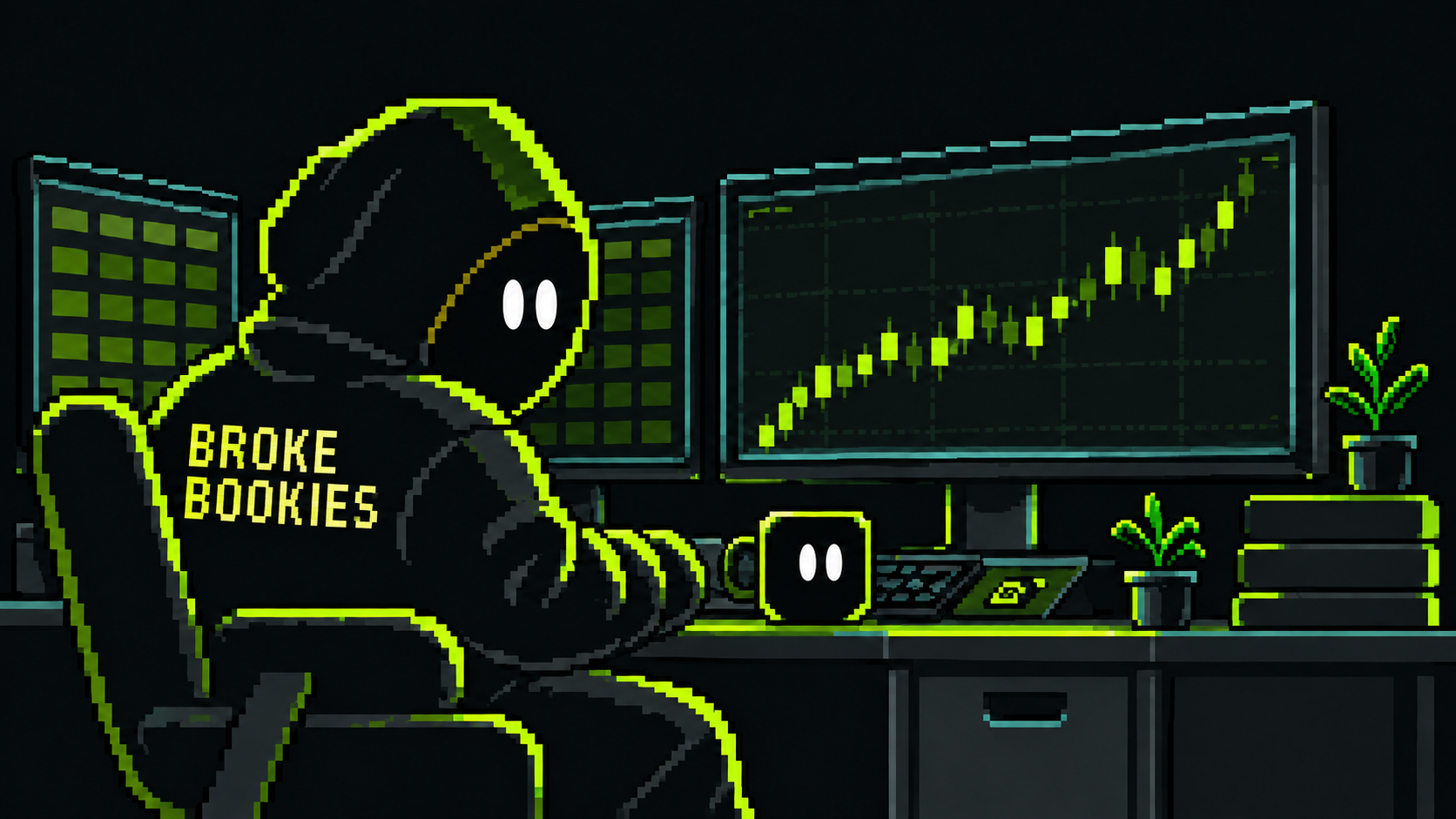 A pixel Bookie at a trading desk